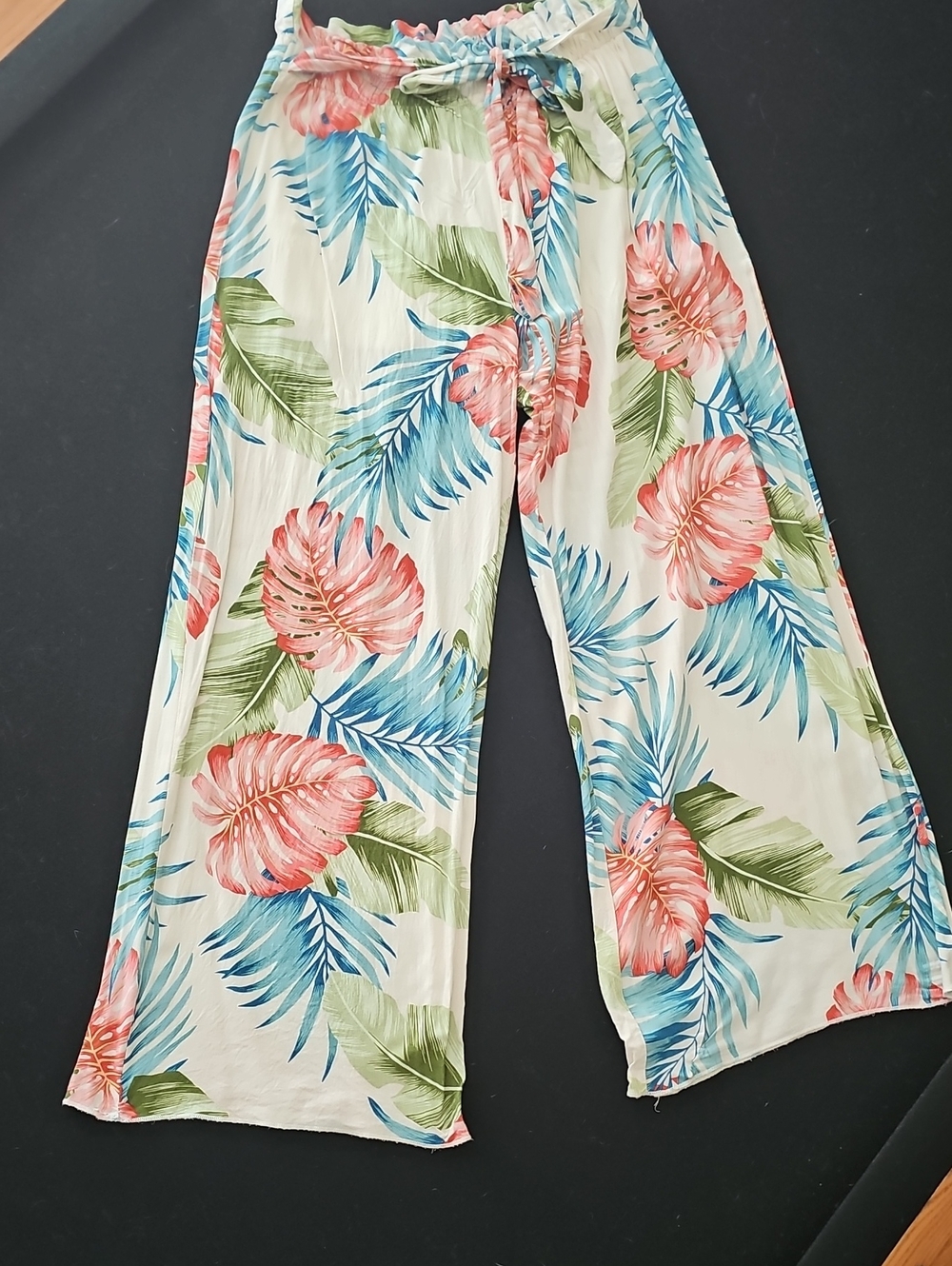See You Monday Cream Wide-Leg Tropical Print Pants with Coral & Blue Florals